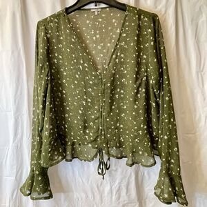 Charlotte Russe Women Sz L Top Green Ditsy Floral Ruffle Cinched Cottage Boho EC